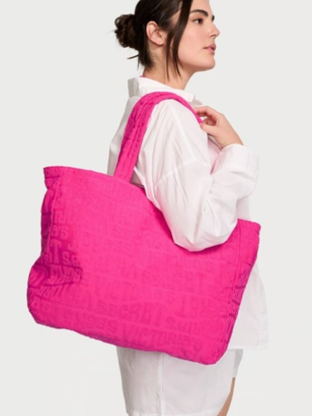 Victoria's Secret hot pink terry cloth logo printed large zipper tote overnight